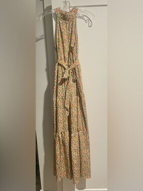 Floral Tie-Waist Maxi Dress- Blue, Coral & Green Multi Size S